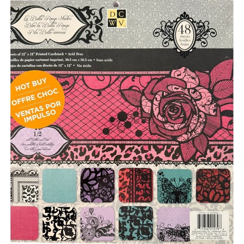 DCWV La Bella Rouge Stack 12x12 Cardstock 47 Sheets‎ Glitter Foil CP-012-00591
